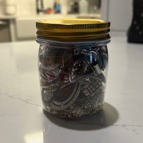 Assorted Jewelry in plastic Jar with Gold Lid 1 - Picture 1 of 7